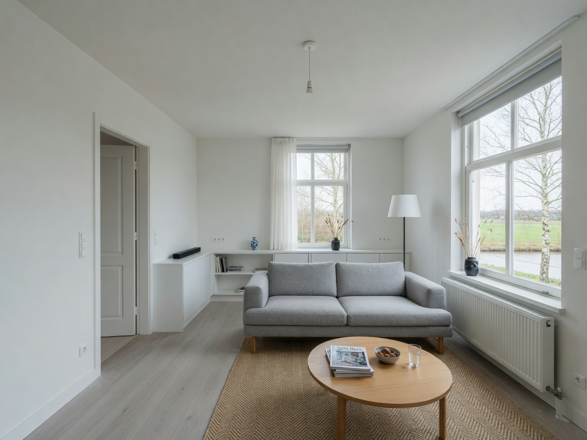 Vers gelatexte woonkamer met egale witte wanden en plafond